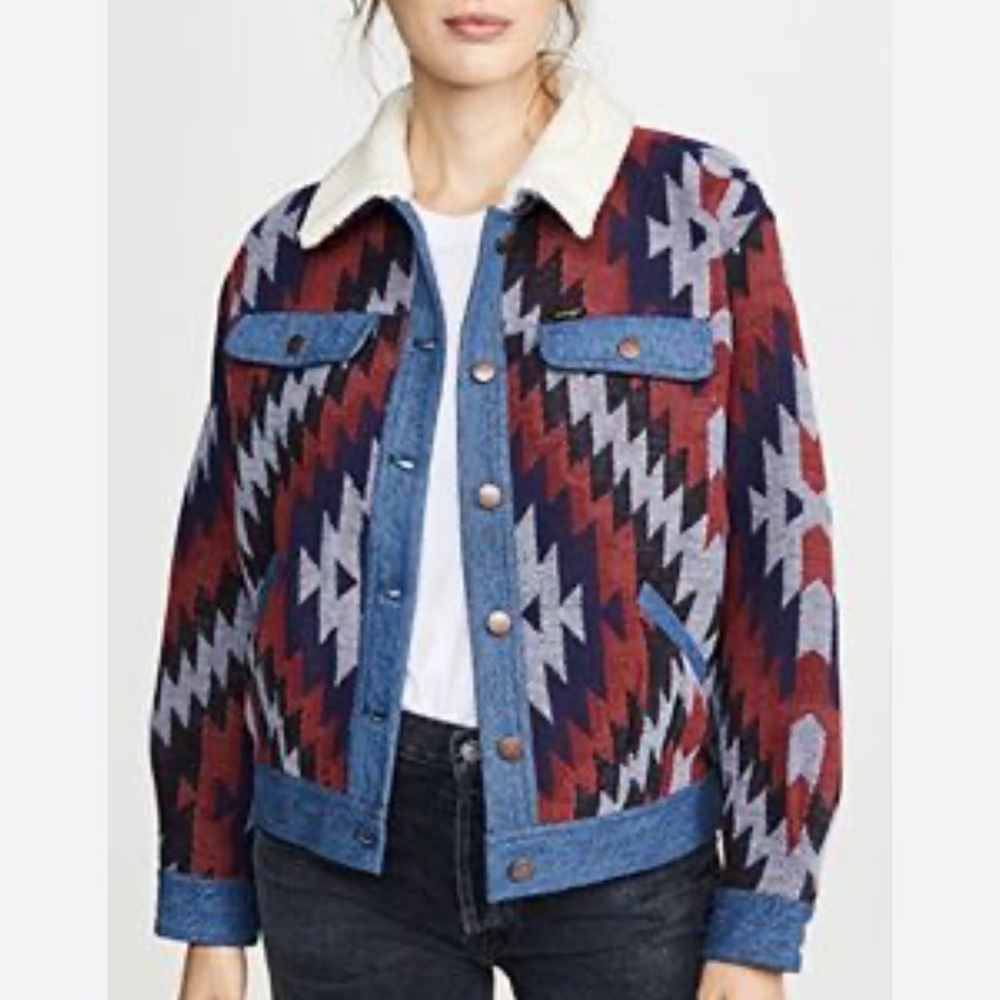 Wrangler Women's Red and Blue Patterned Jean Jacket